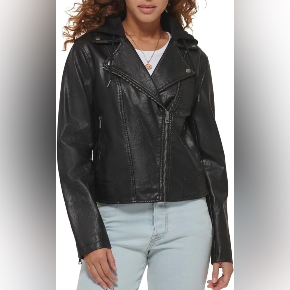 Levi’s Faux Leather Hooded Moto Jacket – Black